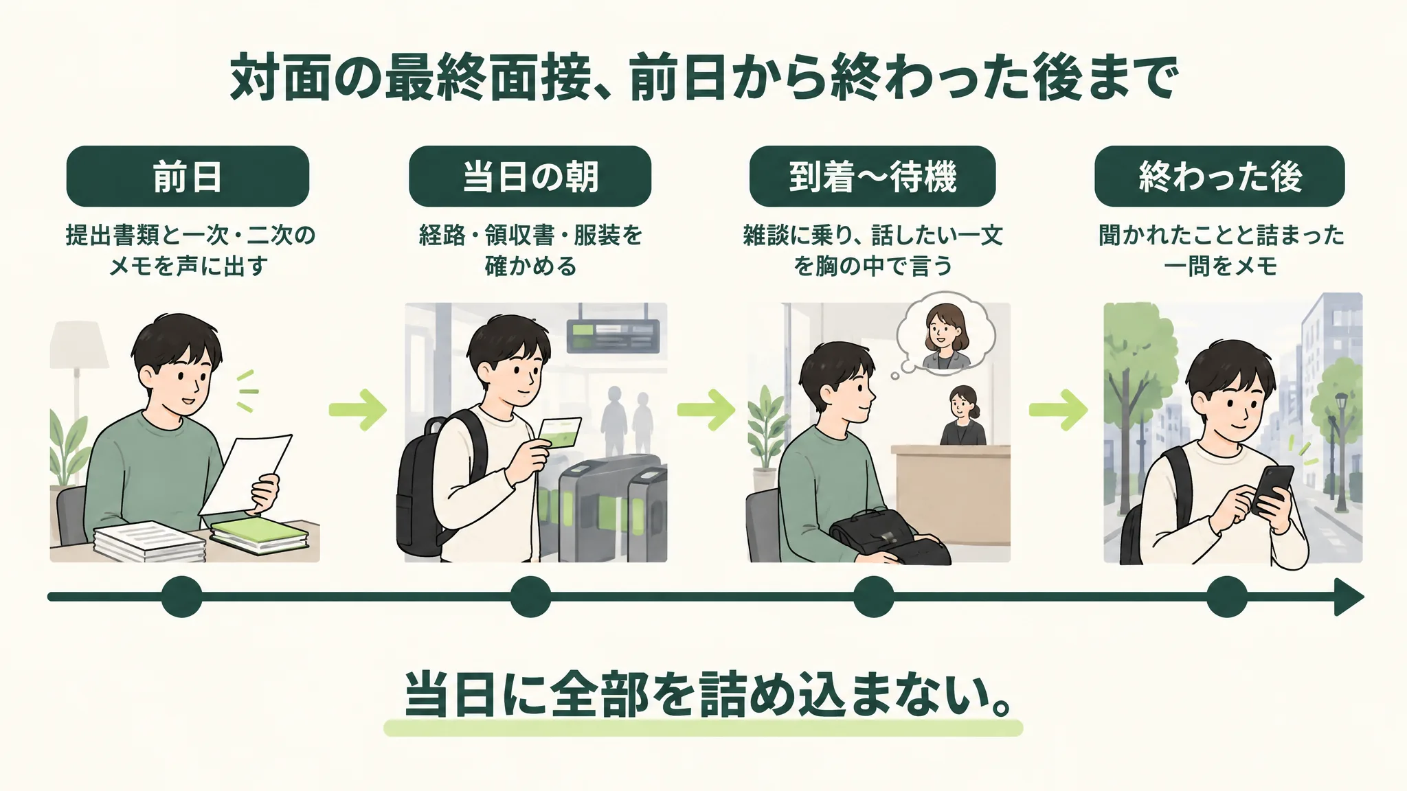 「前日:提出書類と一次・二次のメモを声に出す」「当日の朝:経路・領収書・服装を確かめる」「到着〜待機:雑談に乗り、話したい一文を胸の中で言う」「終わった後:聞かれたことと詰まった一問をメモ」の四つの区切りを左から右へ並べ、下に「当日に全部を詰め込まない。」とある時間軸の図