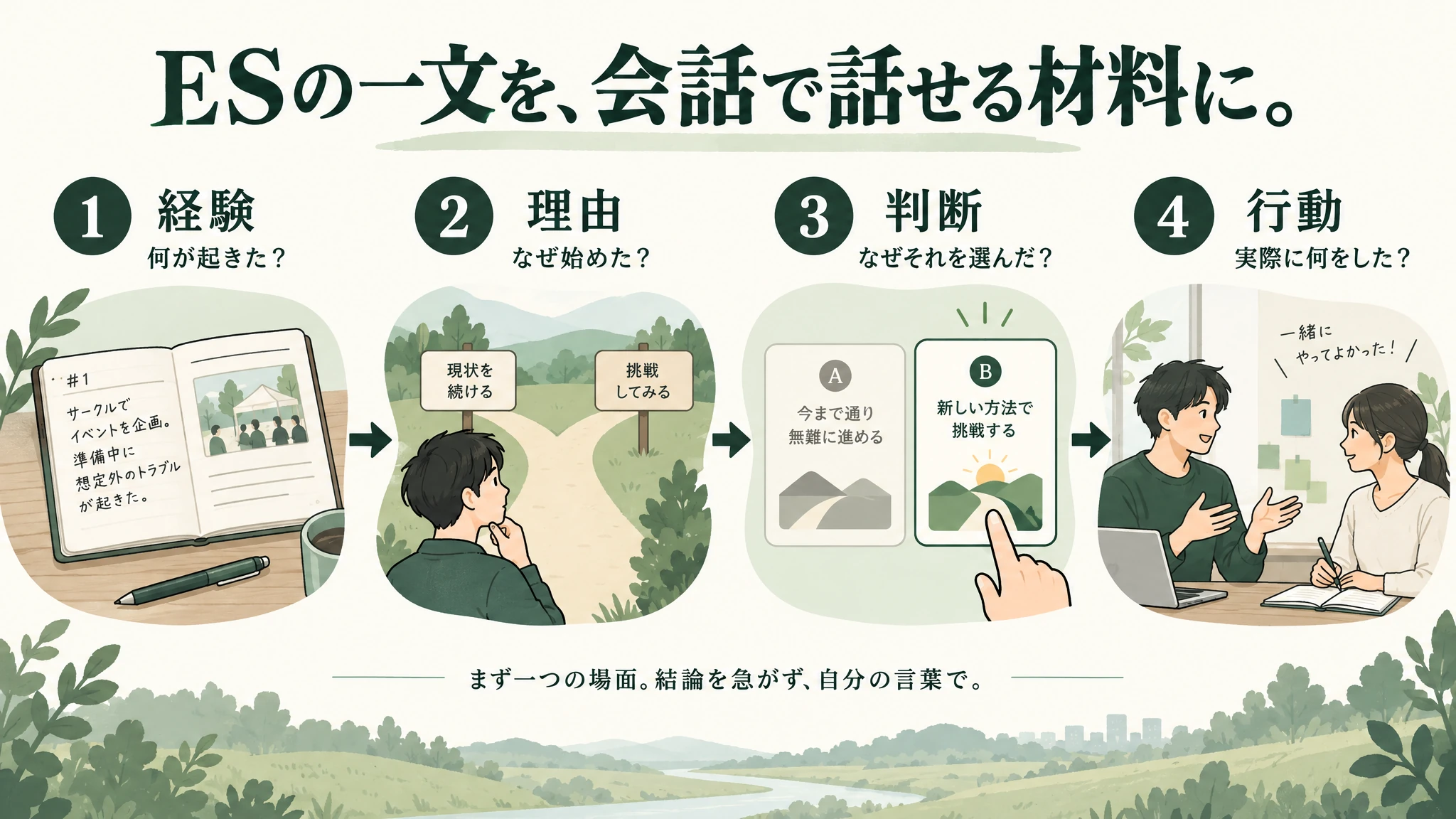経験、理由、判断、行動の四つに分けて、ESの一文を面接で話す材料へ掘り下げる図
