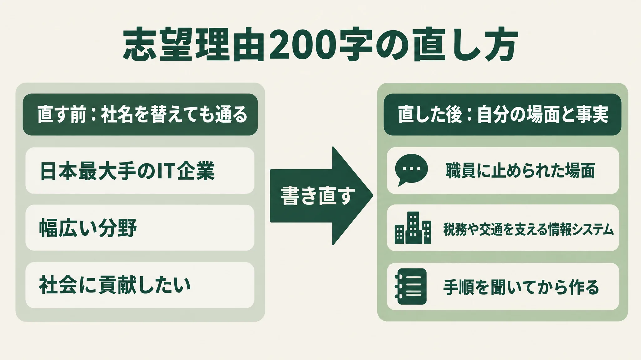 左の直す前に日本最大手のIT企業、幅広い分野、社会に貢献したいを並べ、中央の書き直すの矢印を挟んで、右の直した後に職員に止められた場面、税務や交通を支える情報システム、手順を聞いてから作るを並べた比較図