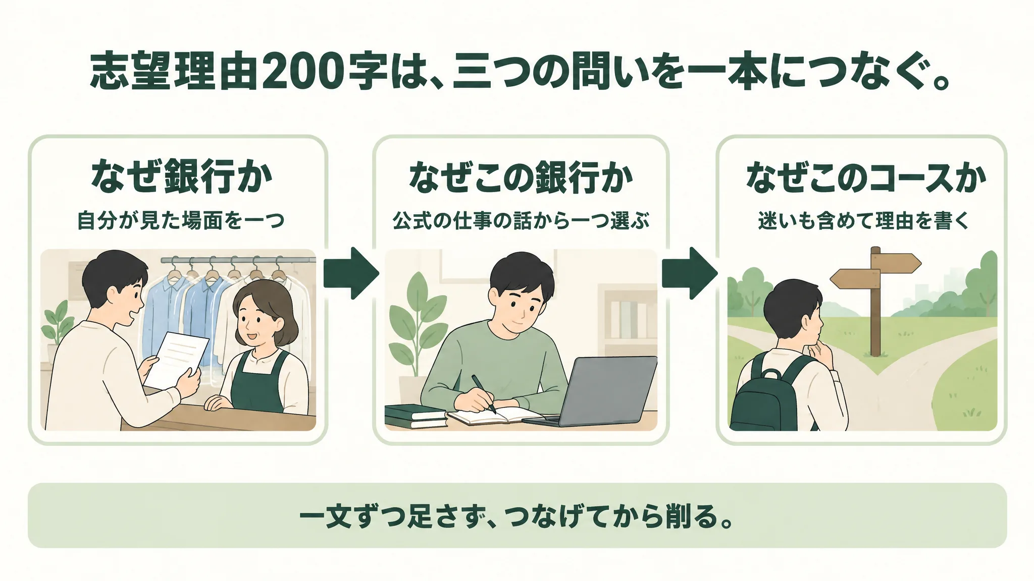 志望理由200字の流れ図。なぜ銀行かは自分が見た場面を一つ、なぜこの銀行かは公式の仕事の話から一つ選ぶ、なぜこのコースかは迷いも含めて理由を書く、の順につなぎ、一文ずつ足さずつなげてから削ると添えている
