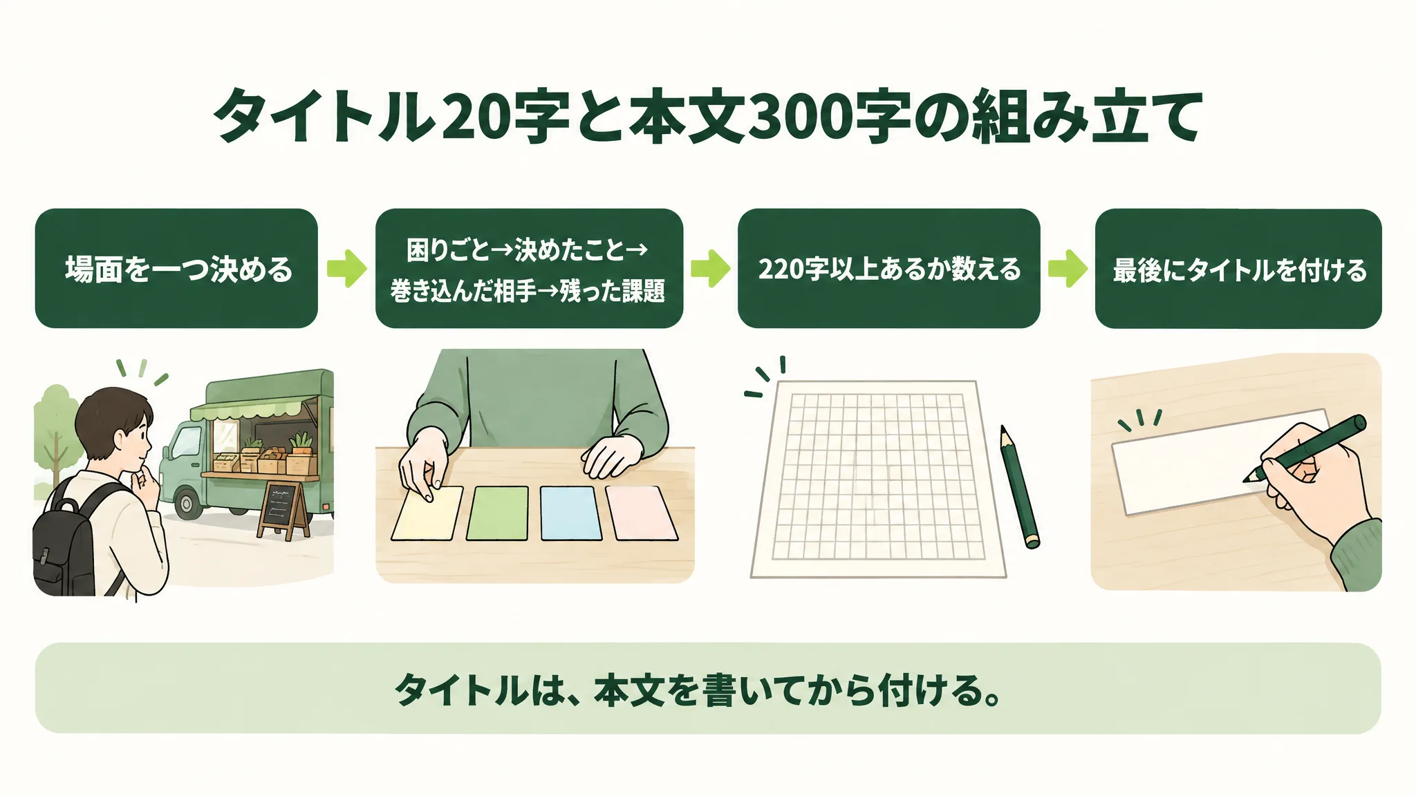タイトル20字と本文300字の組み立て。場面を一つ決める、困りごとから決めたこと・巻き込んだ相手・残った課題の順に書く、220字以上あるか数える、最後にタイトルを付ける、の四段の流れ
